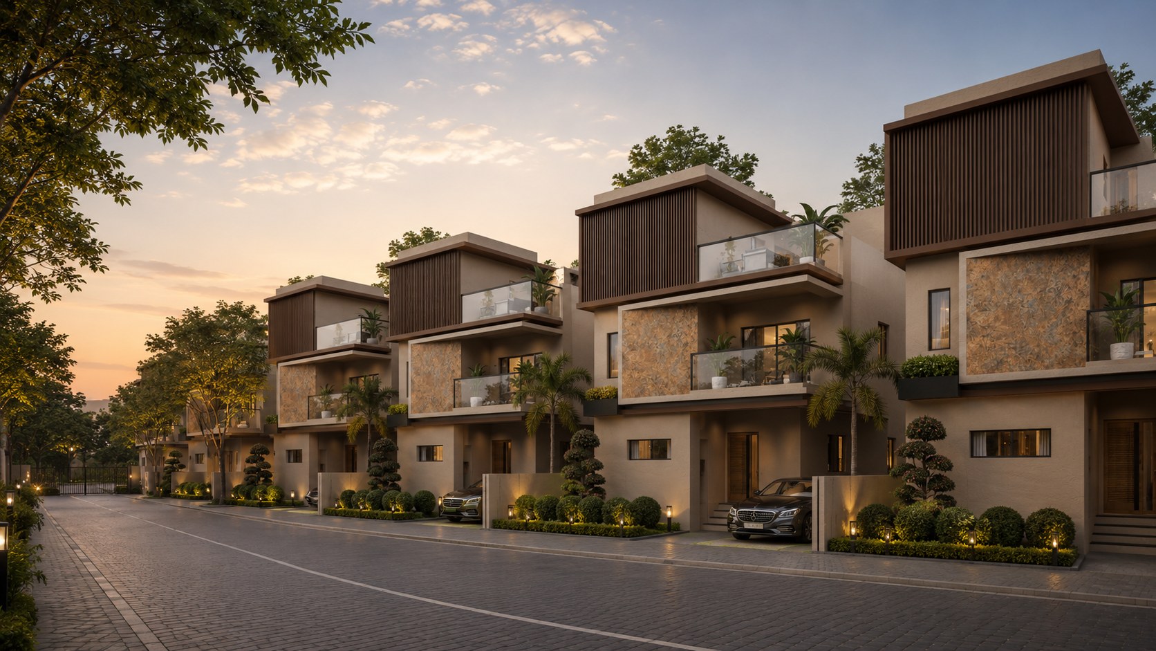 SriZen Group villa community at dusk